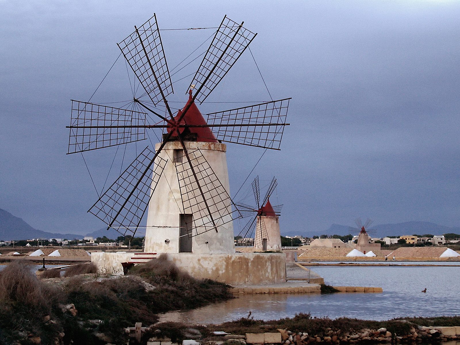 Windmills at Infersa Salt Pans Marsala Sicily Italy