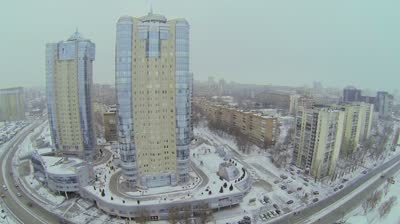 samara city traffic near dwelling complex rook at winter day aerial view